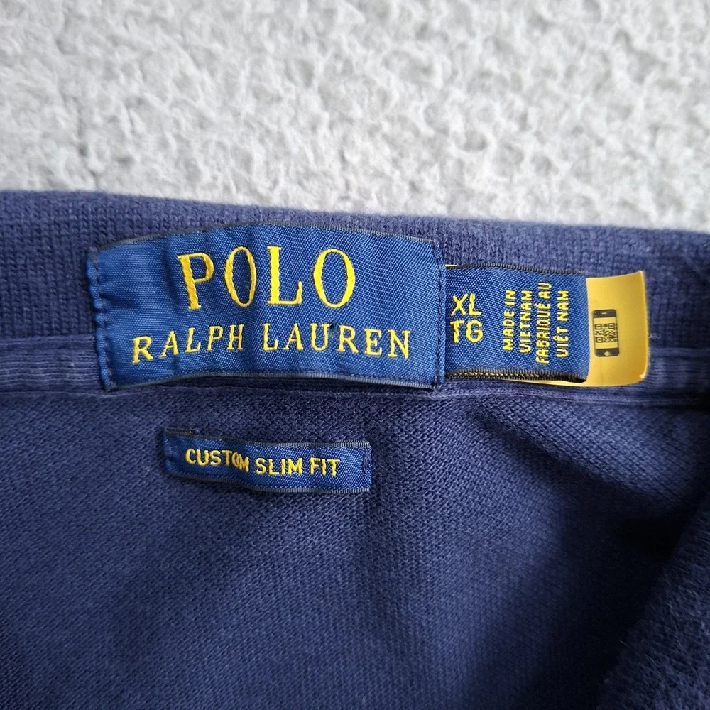 Polo Ralph Lauren Mens XL Custom Slim Fit Polo Shirt Blue Logo Sleeve Stripes